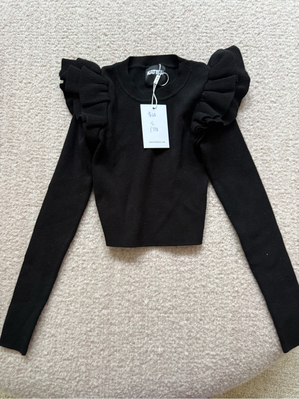 Katie J NYC Black Ruffle-Shoulder Long Sleeve Top
